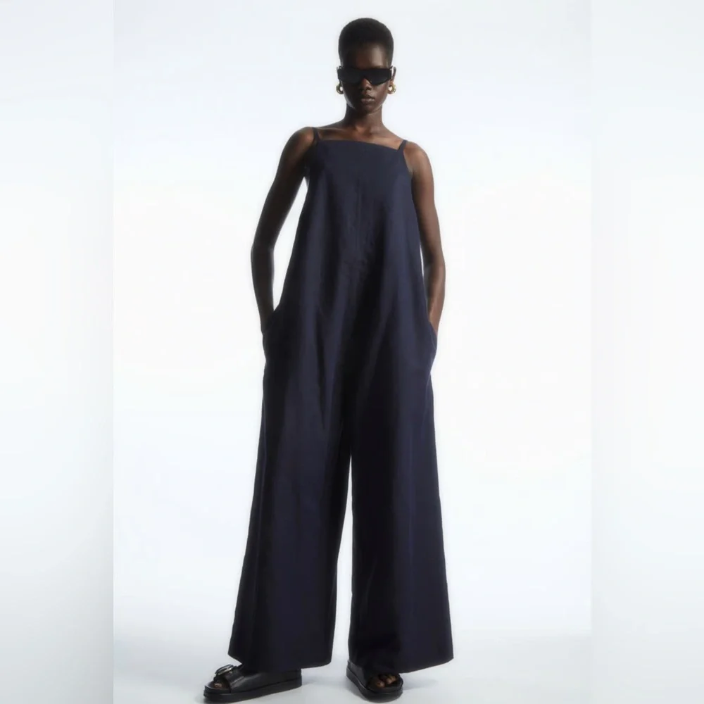 COS || Tie-Detail Linen Jumpsuit Wide Leg Shoulder Bows Navy Blue XS‎